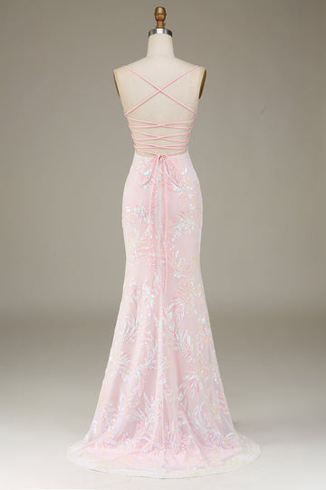 Sparkly Pink Spaghetti Straps Mermaid Long Prom Dress with Slit